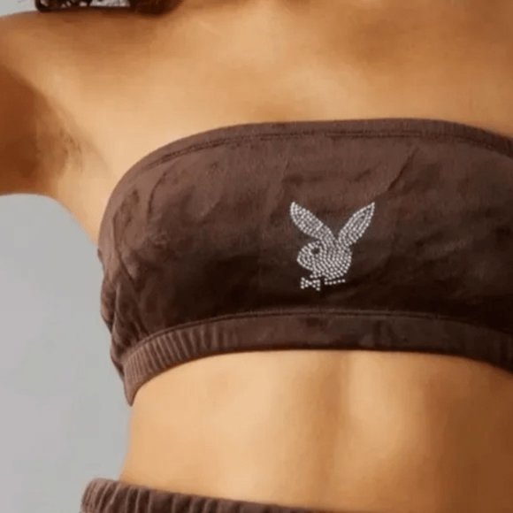 Dark Brown Playboy Bandeau Velour Tube Top - Picture 1 of 3